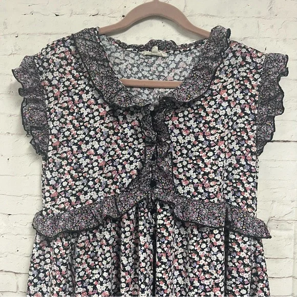 Easel Tiered Midi Dress Purple Floral Ruffle Sleeve Boho Cottage Core Large - Picture 9 of 12